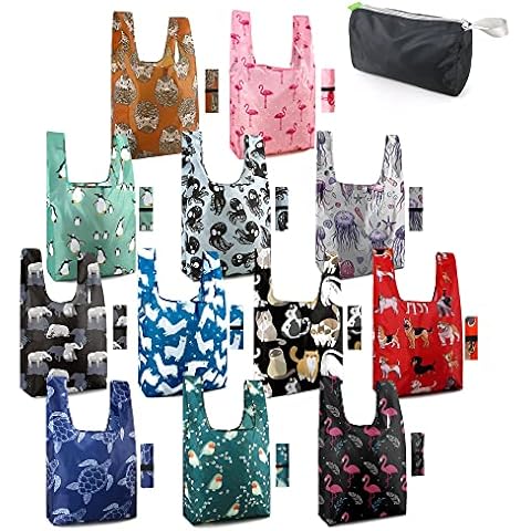 BeeGreen Animal Lover Gifts for Women Reusable Grocery Bags Foldable Shopping Totes 12 Pack Cute Holiday Bags with Handles Large Cloth Gift Bags Cute Groceries Bags Bulk Heavy Duty Cover
