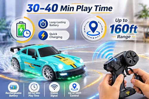 Image of 360 Remote Control Stunt Car for Kids | 1:24 RC Racing Drift Car with LED Lights, 2.4GHz Controller, Rechargeable Battery, Long Range 160ft | Gift Toy for Boys & Girls (Sky Blue)