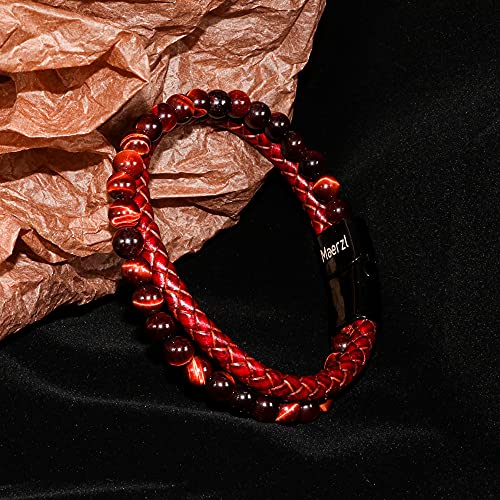 Maerzl Bracelet for Men Leather Stainless Steel Clasp Wrist Cuff Bangle (red, 8.46) - Image 5