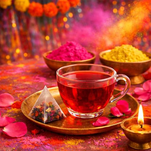 Image of Sancha Tea Boutique, Holi Gulal Tea, Caffeine Free Tea Bags, Herbal Tea (25 Pyramid Tea Bags), Skin Cleansing Tea, Hibiscus Tea, Holi Gift, Holi Corporate Gifts, Holi Gifting