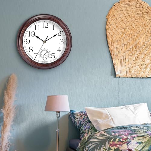 Image of KECYET 8.5 Inch Outdoor Wall Clock with Thermometers, Vintage Silent Wall Clocks Battery Operated, Retro Non-Ticking Clock Decorative for Living Room, Patio, Kitchen, Office, Bathroom, Bedroom(Bronze)