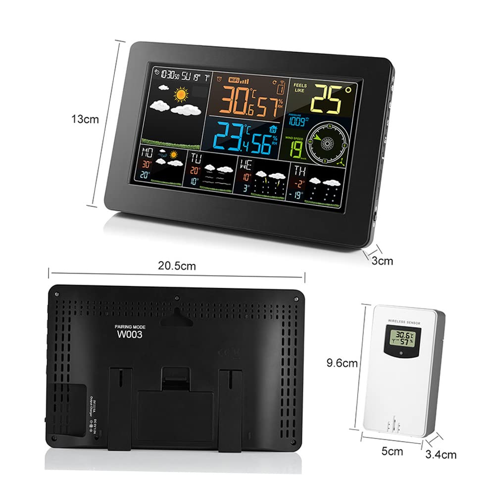 Multifunktionale Farb-WiFi-Wetterstation APP-Steuerung Smart Weather Monitor Indoor-Außentemperatur Luftfeuchtigkeit Barometrische Windgeschwindigkeit Digitaluhr-Funktionen mit Außensensor