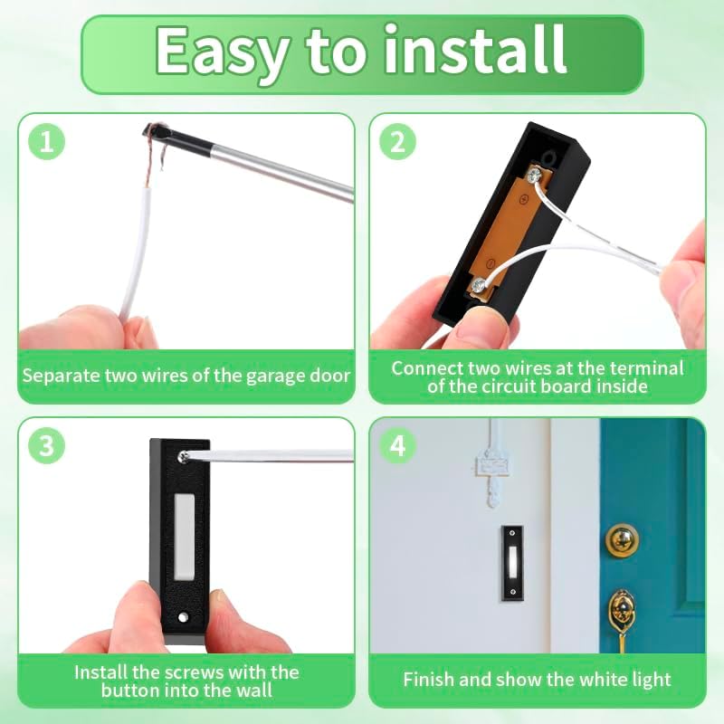 Lighted Doorbell Button, Wall Mounted Garage Door Opener Switch with LED Light Compatible with Most Wire Doorbell Chimes, Transformer, Ringers, Buzzers (2, Black,White Light)