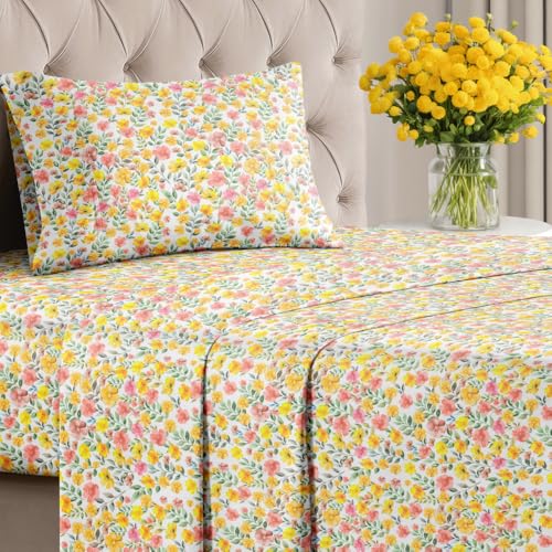 Image of Twin 3 Piece Floral Sheet Set - Breathable & Cooling - Sun Kissed Bloom | 1 Flat, 1 Fitted & 1 Pillowcase w / Deep Pockets, Boho Botanical Floral Bedding, Breathable & Cooling, Wrinkle & Fade Free