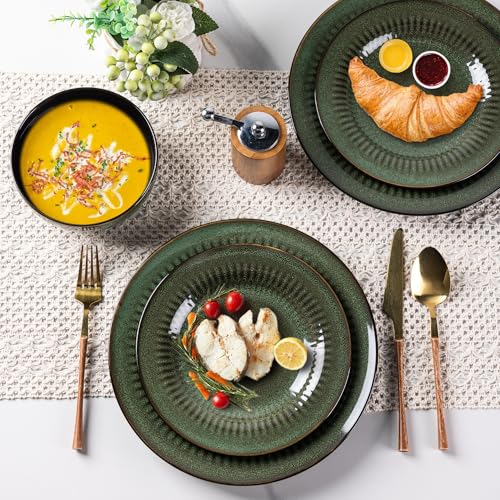 LeRatio Geschirrset für 6 Personen, 18-tlg Reaktive Glasur Steingut Geschirr Set, Keramik Kratzfestes- Schüssel- und Teller-Set, Spülmaschinen- und Mikrowellenfestes (Jadegrün, 18 Teile Set)