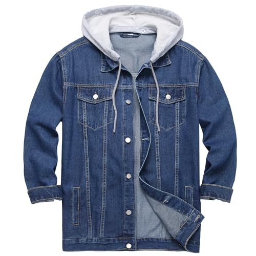 LZLER Men's Jean Jacket Hoodie Classic Casual Loose Fit Long Sleeve Trucker Coat Denim Jacket with Hood(Dark Blue,L)