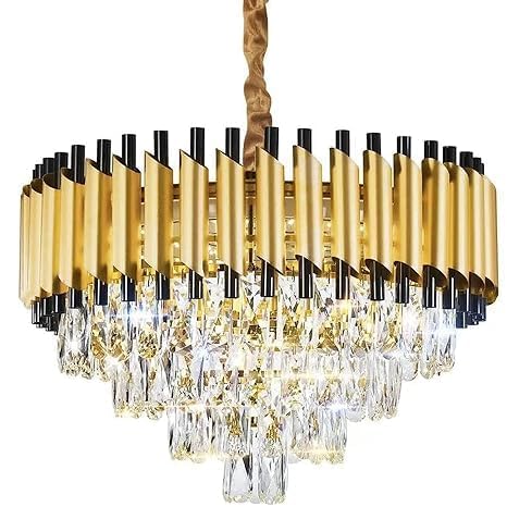 Image of Modern Crystal 500mm Chandelier Gold and Black Round Pendant Ceiling Light Fixture Flush Mount for Dining Room Living Room Bedroom Foyer Hallway Entryway