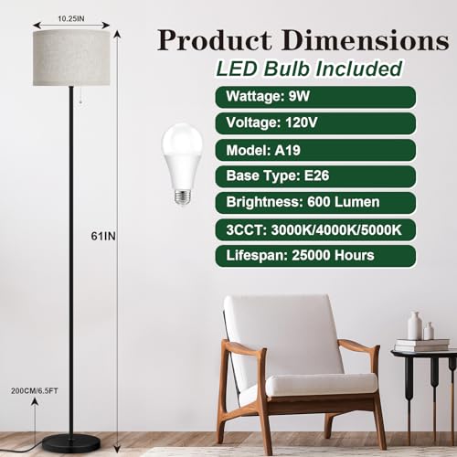 Floor Lamp for Bedroom with LED Bulb, Modern Standing Lamps for Living Room, 3 Color Temperature Simple Design Tall Lamps with Pull Chain Switch, Black Pole Lamp with Drum Lampshade for Office Reading