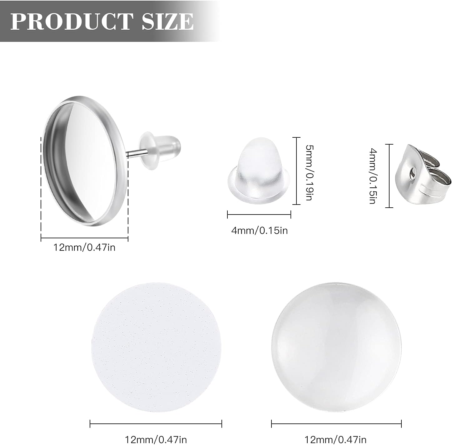 Leelosp 300 Pcs Sublimation Stud Earring Blank Kit, 50 Stainless Steel Bezel Blank Stud 50 Clear Glass Cabochon 50 Clear Earring Back 50 Stainless Back 50 Aluminum Sheet and 50 Sticker for DIY - Image 2