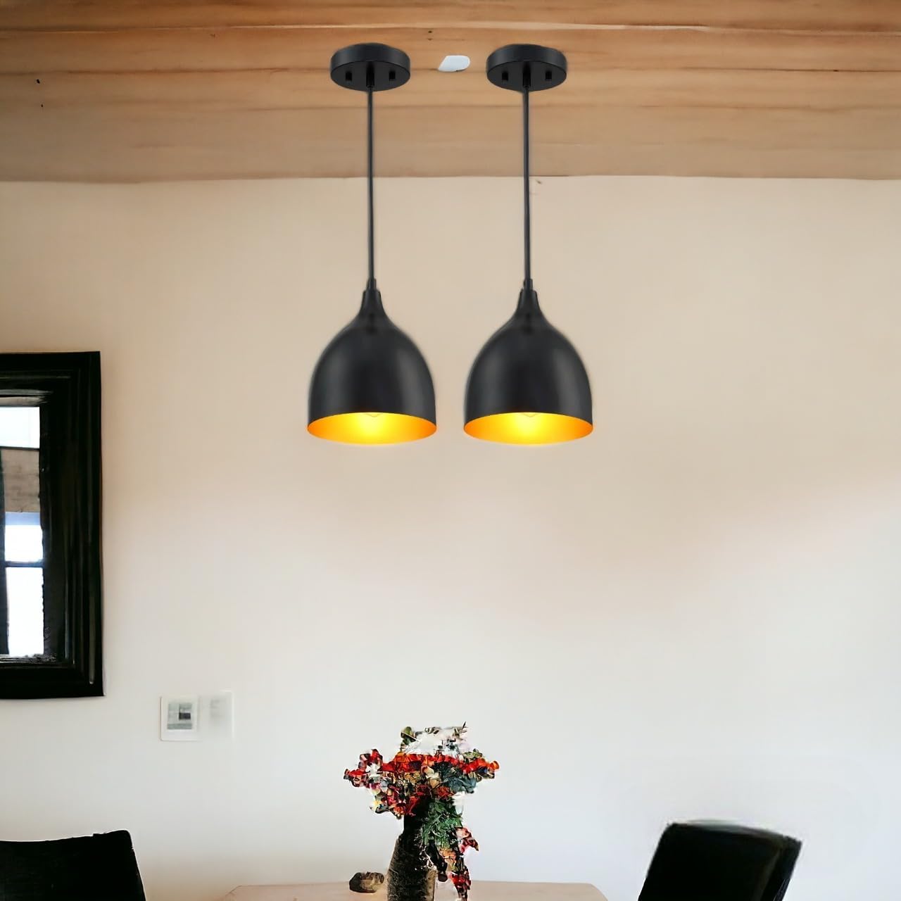 GreyWings Modern Hanging Pendant Light for Ceiling – Black Aluminium Dome, Antique Décor, E-27 Holder, (Bulb is not Included), Pack of 2