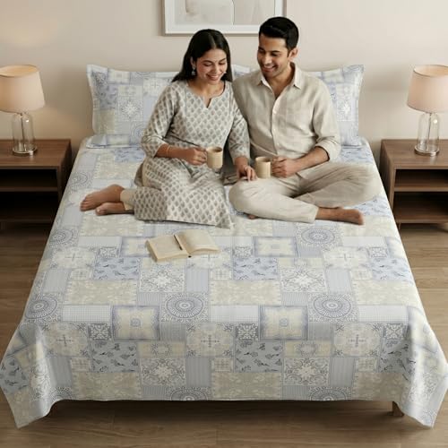 Image of Mafatlal 186 TC Metro Cotton Double Bed Bedsheet | 90x100 Inch|Soft, Breathable & Lightweight | Includes 2 Pillow Covers| Morning Sky 1