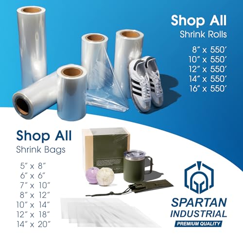 Image of Spartan Industrial - 12 inch X 550' Polyolefin Centerfold Heat Shrink Wrap Roll - 80 Gauge Shrinkable Film for Packaging Books, Toys, Sporting Goods, Medical Supplies, and More
