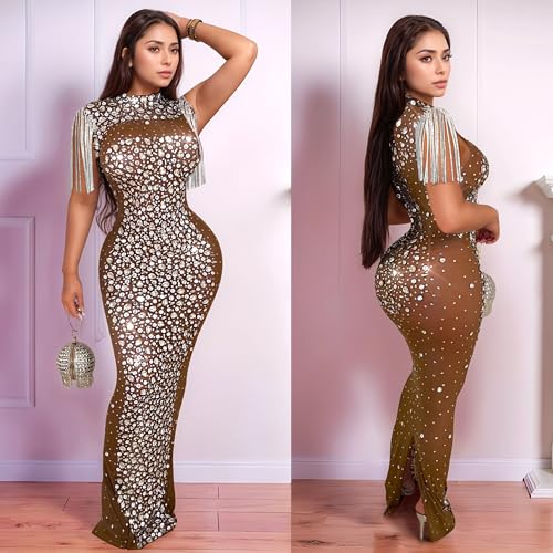 Image of PORRCEY Women's Sexy Rhinestone Mesh See Through Party Night Prom Dress