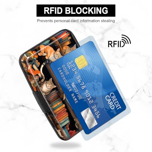 Image of Card Holder Credit Cards Holder for Women RFID wallet women Business Card Holder Wallet Mini Aluminum Card Wallet RFID Blocking Slim Metal Hard Card for Women, Cat Illustration
