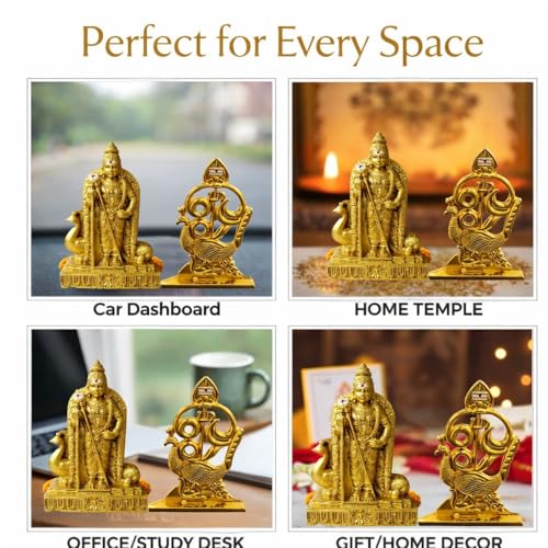 Image of Murugan Idol with Om Muruga Mayil Vel Combo for Car Dashboard | Premium Gold Murugan Statue for Home Temple, Office Desk & Pooja Decor | 10 cm & 7 cm