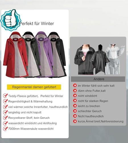 Peter Patter Regenmantel damen gefüttert mit Teddy-Fleece Regenjacke damen wasserdicht mit Kunstfell warm Friesennerz lang PU Windbreaker Regenparka für Winter,rot,38