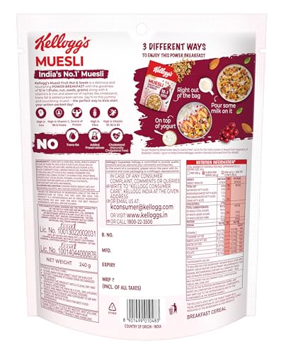 Image of Kellogg's Muesli Fruit Nut & Seeds | 12 In 1 Power Breakfast | No Maida No Palm Oil | India's No 1 Muesli | 240g (Pack of 3)