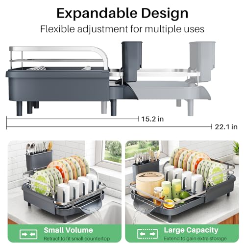 Image of SAYZH Dish Drying Rack - Expandable Dish Rack for Kitchen Counter, Rust-Resistant Dish Drainer with Utensil Holder and Raised Guardrail, Kitchen Organizer for Cup and Bottle (Grey)