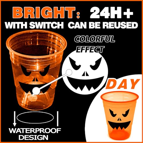 mishunyus 24 Pcs Halloween Glow Pumpkin Party Cups, Night Party Decoration & for Adults, Trick or Treat Happy Halloween Cups, Orange Plastic Cups Supplies Tableware (16 oz) - Image 3