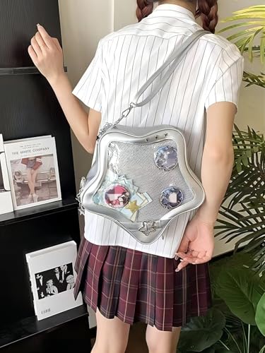 Homvik Star Ita Bag Pins Backpack Cute Aesthetic Pins Bag with Ita Insert Display Crossbody Handbag PU Leather for Women Girls (Sliver)