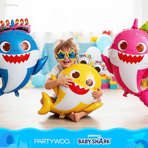 Image of PartyWoo Baby Shark Family Foil Balloons 5pcs Baby Shark Family Pink Round Mylar Helium Balloons for Boys and Girls Birthday Decorations Under the Sea Ocean Theme Kids Birthday Party Decorations