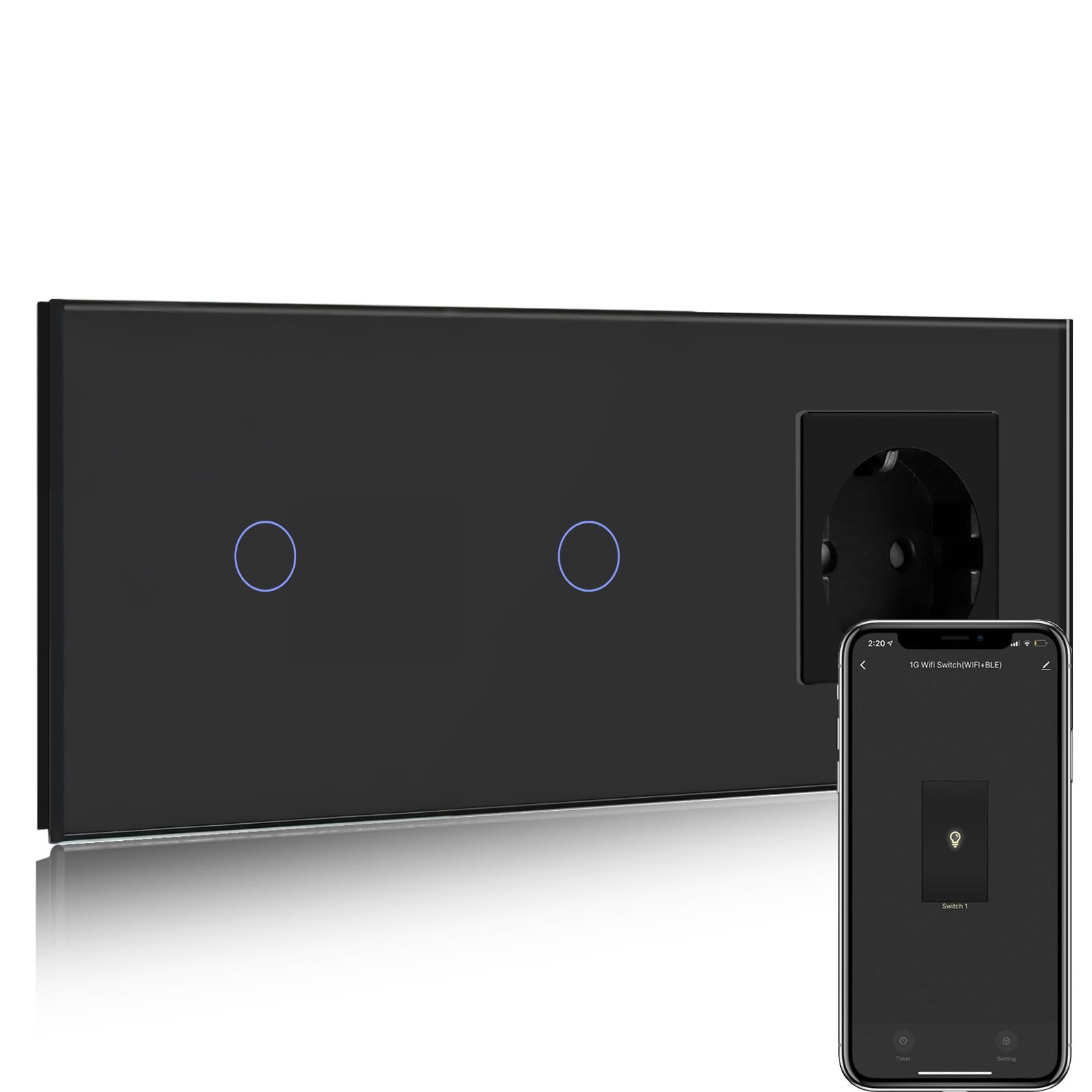 BSEED Normalne gniazdko z przełącznikiem światła Smart Alexa, kompatybilne z Alexa, Google Home, podwójny inteligentny włącznik światła ze szklanym ekranem dotykowym, 1-drożny, 1-drożny, 16 A, czarne