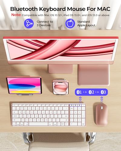 Image of seenda Bluetooth Keyboard and Mouse Combo for Mac, SKM64-2 Rechargeable Silent Wireless Keyboard Mouse Compact Slim, 3 Multi-Device Connection, Compatible for Mac MacBook Pro /Air iPad, White Rose Gold