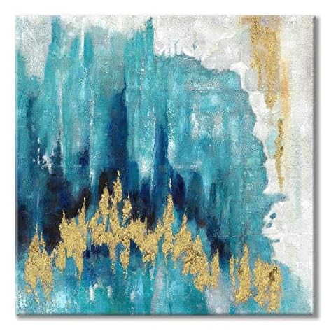 UTOP-art Abstract Picture Artwork Blue Painting: Hand Painted Gold Foils Wall Art on Canvas for Living Room (24'' x 24'' x 1 Panel) Cover