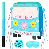 Foilswirl 20 Inch Groovy Hippie Van Pinata Groovy Pinata with Stick Bat, Blindfold, Confetti, Flower Power Bus Pinata for Girls Boys Groovy Hippie Theme Birthday Party Supplies, Game Decorations