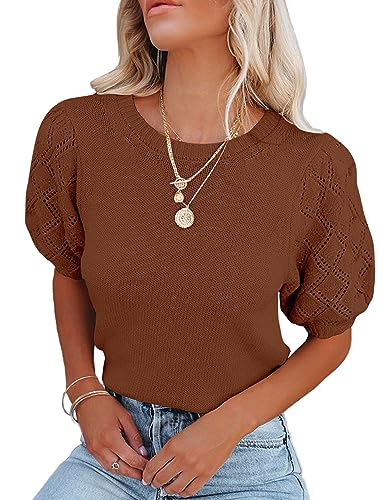 Image of Womens Short Sleeve Sweaters Crewneck Knit Pullover Tops 2025 Summer Casual Lightweight Crochet Blouse Shirt