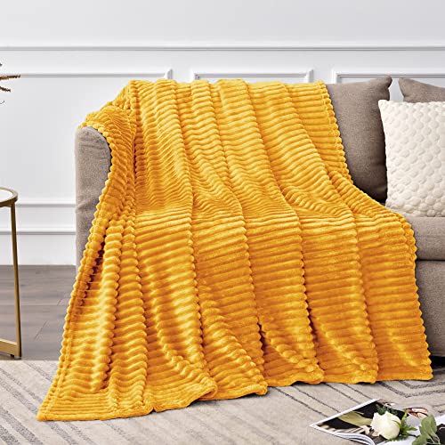 Image of BEDELITE Fleece Blanket Twin Size - 3D Ribbed Jacquard Soft and Warm Decorative Fuzzy Blankets - Cozy, Fluffy, Plush Lightweight Throw Blankets for Couch, Bed, Sofa(Mustard Yellow, 60x80 inches)
