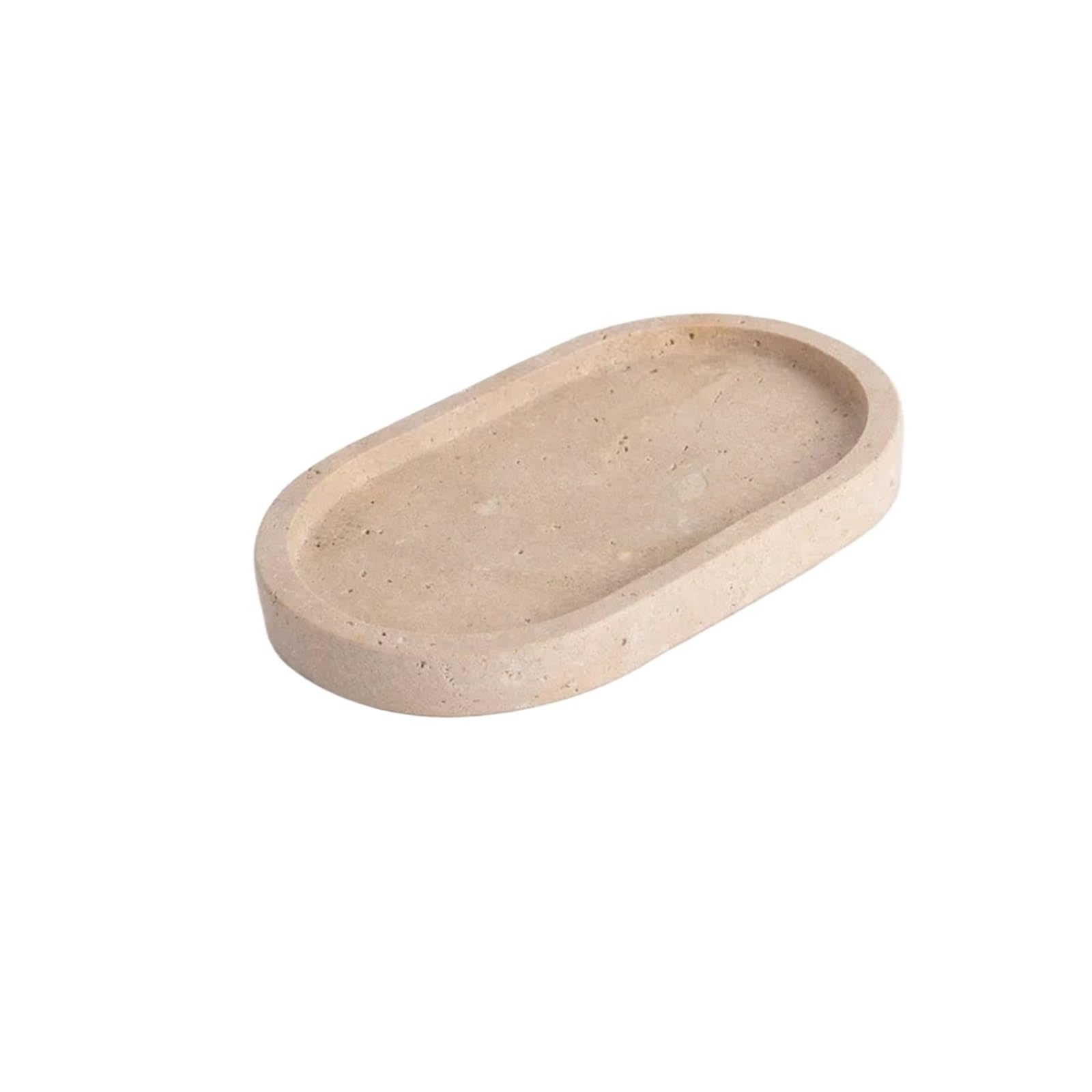 Bathroom Stone Tray Natural Marble Tray Oval Stone Serving Jewelry Perfume Display Bathroom Vanity Organizer(Travertine)