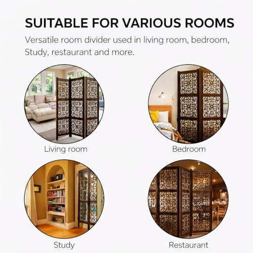 Image of Home & Goods International Wooden Room Divider Partition - Foldable Wood Screen Separator for Living Room, Bedroom, Office, Restaurant || Kangra Badrun Design, White (2 Panel)