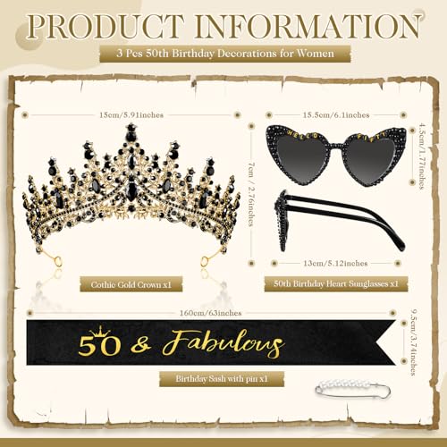 3 Pcs 50th Birthday Decorations for Women, 50th Birthday Sash and Crown Tiara 50 & Fabulous Hello Fifty Sunglasses(Black Gold)4