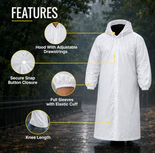 Image of SR EVA Reusable Raincoat with Hood (White) - Pack of 1 | Elasticated Full Sleeves Outdoor Waterproof Raincoat for Men & Women | Rainwear | Button Closure | Knee Length | Universal Fit (White)
