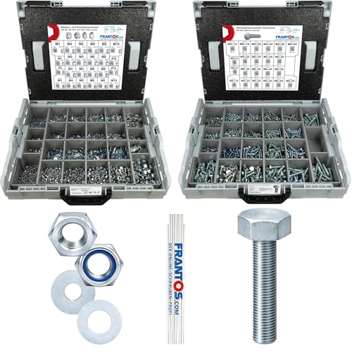 FRANTOS Assortiment Vis Acier Zingué (8090 Pièces) Coffret Visserie L-BOXX - Vis Tete Hexagonale DIN 933, Écrou, Écrou frein et Rondelles Tailles M3–M10 + Mètre Inclus