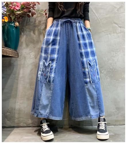 Extra Wide Leg Denim Pants for Women with Embroidery Elastic Band & Drawstring,Fashionable Literary Vibe Dressy Jean2
