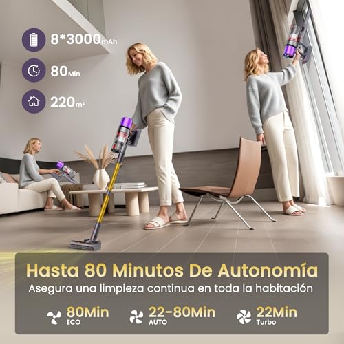 ISWEEPR X7 Aspiradora sin Cable 55Kpa/600W/80Min, Aspiradora Escoba sin Cable con Pantalla LED, Sensor de Polvo, Cepillo Verde Antienredos, Ideal para Suelos/Alfombras/Pelos de Mascotas - imagen 3