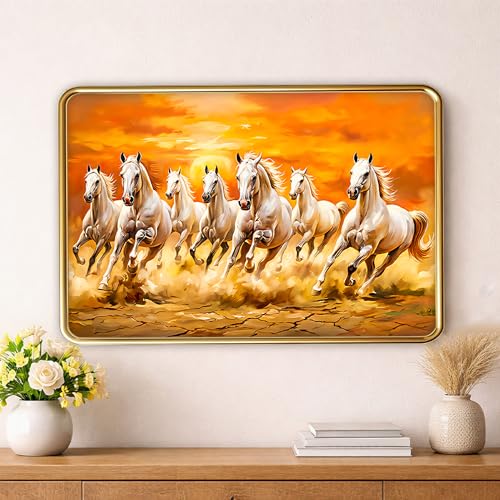Image of XOPY Seven Running Horses with Golden Frame | Vastu 7 horses Raw Pyrite Painting for Home, Office & Living Room Wall Decore | 12X18 Inch Sparkle Laminated Frame | Best For Gifting (53303, 12X18)