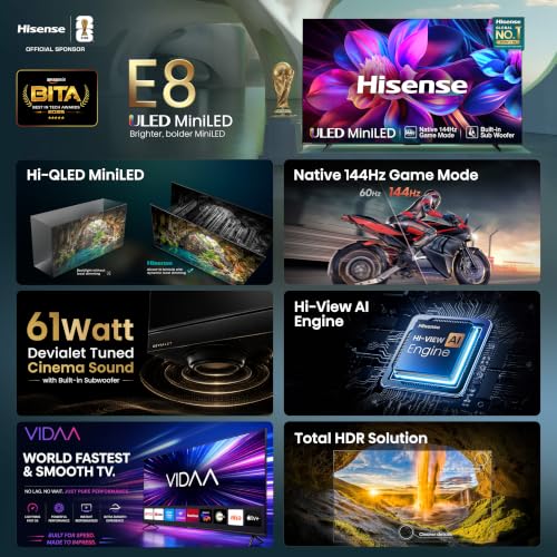 Image of Hisense 215 cm (85 Inches) ULED MiniLED Smart AI TV and World Fastest OS - VIDAA | 144Hz Game Mode | 61W Speakers (Built-in Subwoofer) | 85E8S (Black)