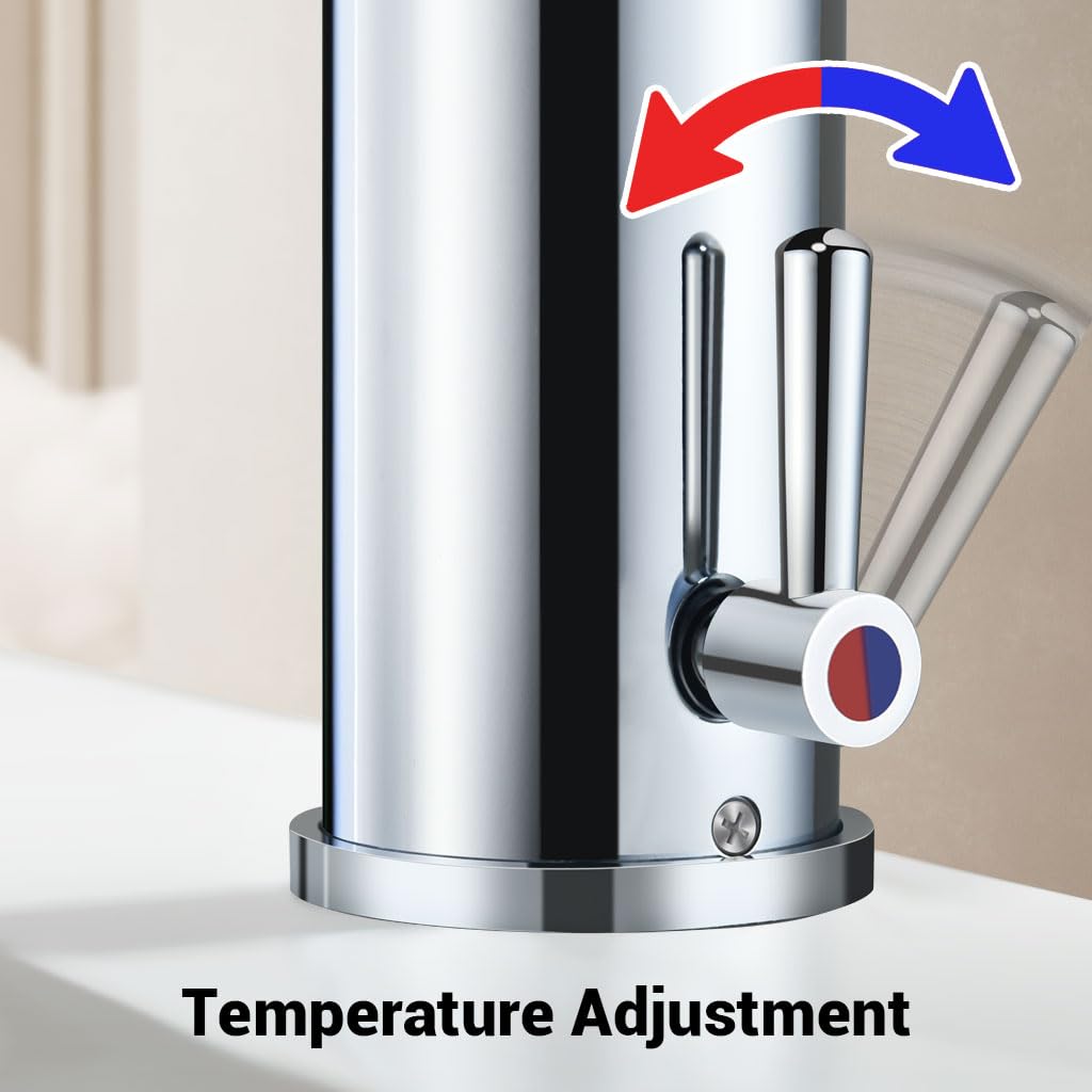 Rubinetto automatico per lavandino del bagno, senza tocco, con sensore di movimento, in ottone, con maniglia regolabile per controllo della temperatura, per uso domestico, commerciale e ufficio (corto