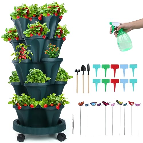 GameXcel Vertical Planter, 5 Tier Stackable Strawberry Planter with Garden Tool Set, Movable Indoor/Outdoor Garden Herb Pot for Growing Vegetables and Succulents, Green