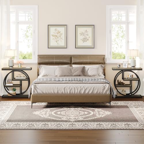 Image of Tribesigns End Table Set of 2, 4-Tier Narrow Side Table with Storage Shelves, Wood Small Sofa Side Table with Geometric Metal Frame, Industrial Bedside Table for Bedroom, Living Room, Grey