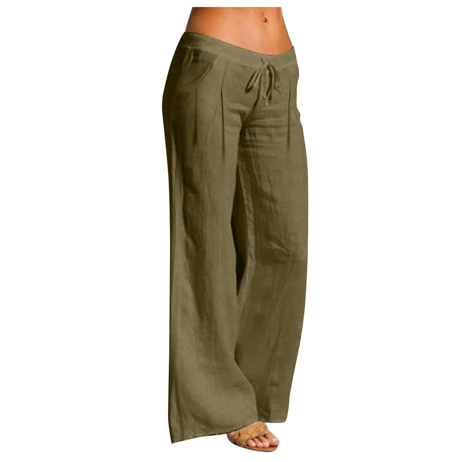 Linen Pants Women Wide Leg Drawstring Elastic Waist Linen Cotton Blend Pants Casual Loose Trousers with Pockets