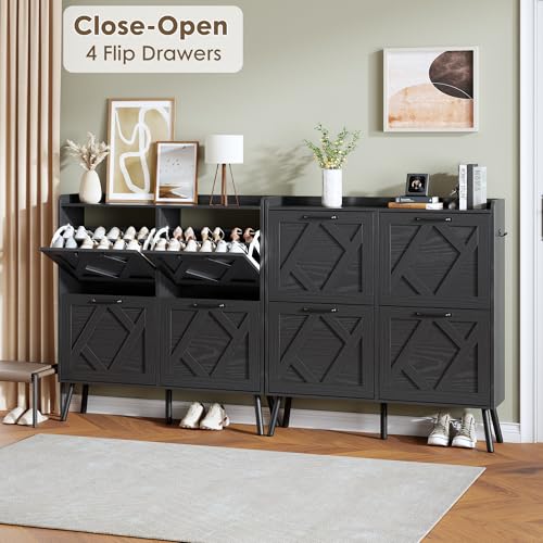 Image of Nicetree Shoe Cabinet with 4 Flip Drawers, Hidden Shoe Rack Cabinet with Metal Legs, Farmhouse Narrow Shoe Storage Cabinet for Entryway, Foyer, Hallway, Black