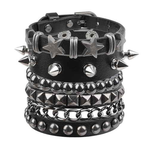4 Pcs Punk Rock Studded Bracelet Set Leather Cuff Bracelets for Men Women 80s Emo Goth Accessories