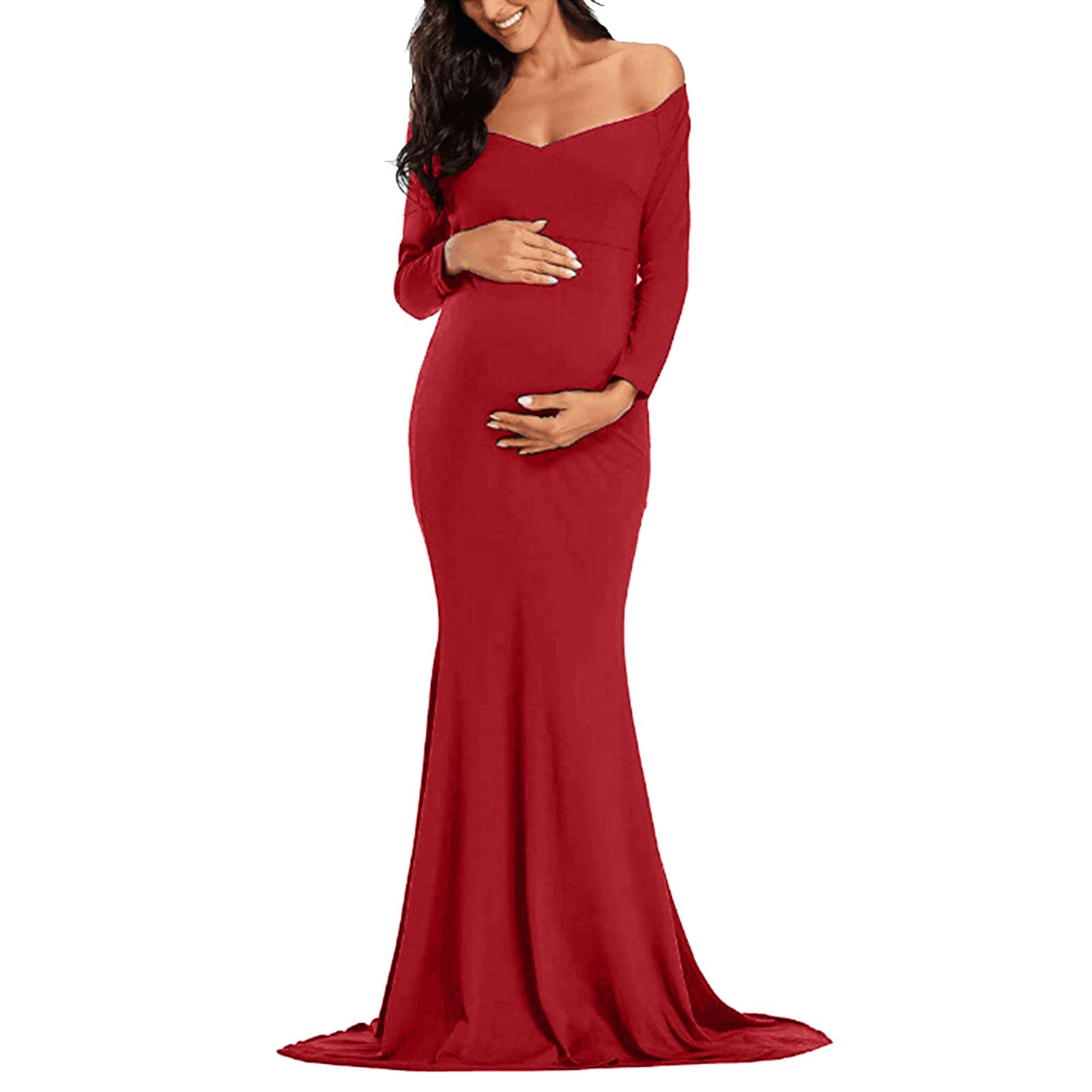 Generisch Abito lungo premaman per fotografia in gravidanza, tinta unita con maniche lunghe, morbido tessuto elasticizzato, comodo abito da allattamento per future mamme, adatto per occasioni formali