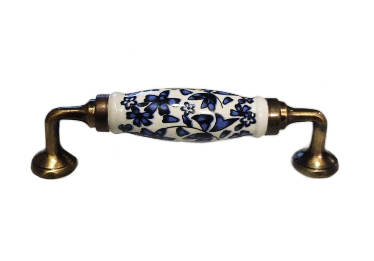 Ceramic Door Handle Gold Antique Finish - Scratch Proof 100% (Size 6 Inch, Blue Flower Hand Painted)