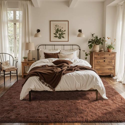 Coffee Brown 5x7 ft Fluffy Rug for Living Room,Fur Bedroom Area Rugs Non-Slip,Carpet for Nursery Kids PlayRoom Indoor Modern Plush Carpets