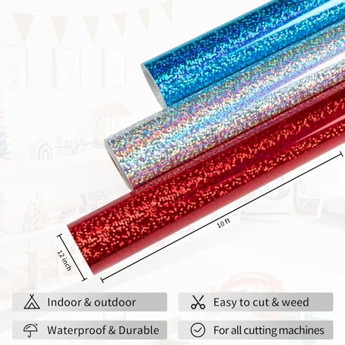Image of HTVRONT Holographic Glitter Permanent Vinyl, 12 inch x 10ft Sparkle Blue Permanent Adhesive Vinyl, Easy to Weed & Transfer Glitter Roll Compatible with Cricut Cutting Machine, Crafts, Silhouette, Decal